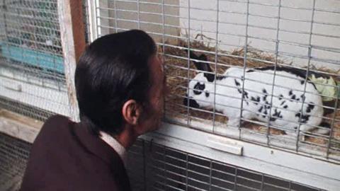 Manfred the magician with his bunny, Bugs, who is being quarantined in a cage