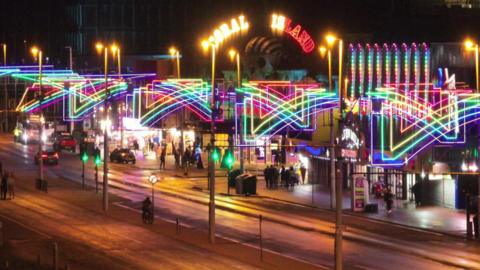 Blackpool Illuminations, with yellow, green, blue and red strip lights