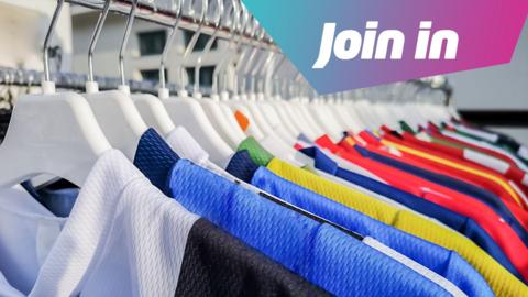 An array of colourful football shirts are hanging on hangers on a rail. In the top right corner there is a graphic that says Join in