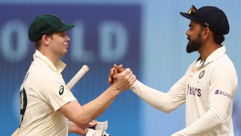 Steve Smith and Virat Kohli shake hands after the fourth Test between India and Australia ends in a draw