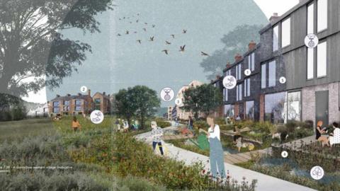 Artist's impression of Godley Green Garden Village development, with three-storey houses to the right in grey with paths and gardens, and green space and a walkway at the front