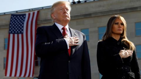 President Donald Trump and first lady Melania Trump mark the 9/11 anniversary with a moment of silence at the Pentagon