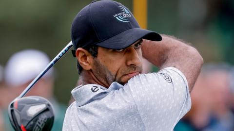 Aaron Rai of England tees the eighth hole during a practice round for the 2026 Masters Tournament at the Augusta National Golf Club in Augusta, Georgia, USA