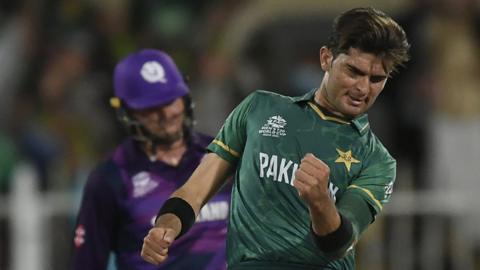 Pakistan fast bowler Shaheen Afridi celebrates a wicket against Scotland