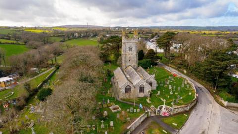 Drone photo of Stithians Church and surrounding area