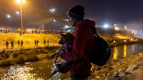 Migrant and dog at US border