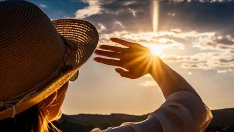 Woman in sunglasses looking out towards the sun in the sky