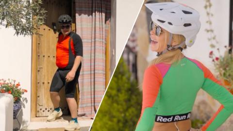 Alan leaving a building looking sheepish and Amanda laughing in a bike helmet.