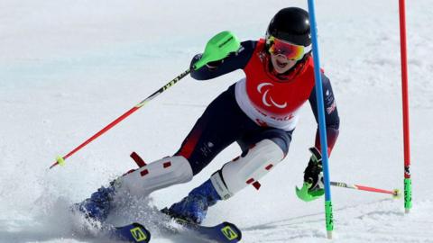 Menna Fitzpatrick of Team Great Britain competes in the Women's Slalom Vision Impaired on day eight of the Beijing 2022 Winter Paralympics at Yanqing National Alpine Skiing Centre