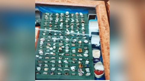 A green cushion with dozens of rings sitting in it, some with colourful jewels. Around it are various ring boxes containing jewellery. They are all inside a glass cabinet with wood surround.