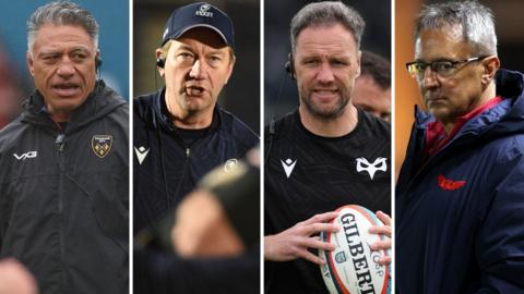 L-R: Dragons boss Filo Tiatia, Cardiff head coach Corniel van Zyl, Mark Jones of Ospreys and Scarlets director of rugby Nigel Davies