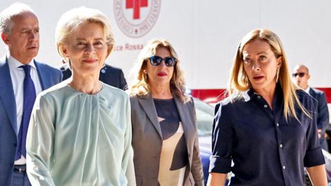European Commission President Ursula von der Leyen and Italian Prime Minister Giorgia Meloni visit the hotspot, a reception centre for migrants, on the Sicilian island of Lampedusa, Italy, on 17 September 2023