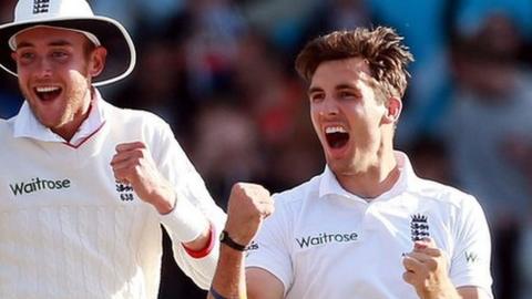 Steven Finn celebrates a wicket with Stuart Broad