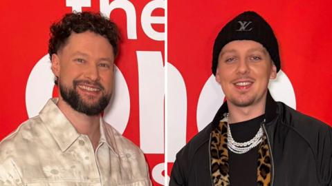 Composite image of Calum Scott and Aitch. Calum wears a cream jacket; Aitch wears a black beanie hat and black jacket