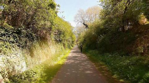 A view of the cycle path with grassy banks either side of it and a person walking along it facing the camera on the right