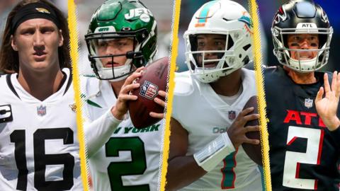 NFL quarterbacks Trevor Lawrence, Zach Wilson, Tua Tagovailoa and Matt Ryan