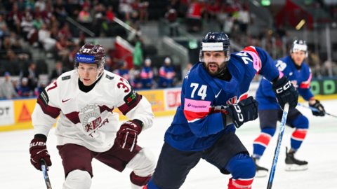 Great Britain in action against Latvia at the Ice Hockey World Championship