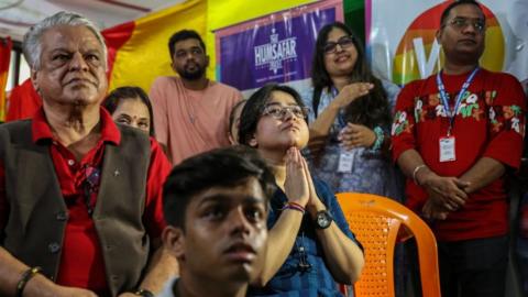 Supporters of same-sex marriage listen to a live streaming of the verdict at the Humsafar Trust office in Mumbai, India, 17 October 2023