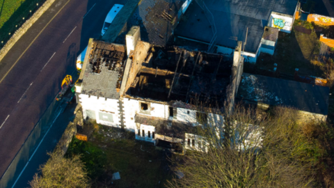 Aerial view of the fire-hit Whitburn Lodge