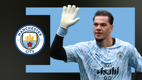 Ederson waves in front of a sky blue background and a Manchester City crest