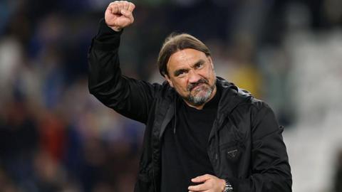 Daniel Farke, Manager of Leeds United, celebrates with the fans
