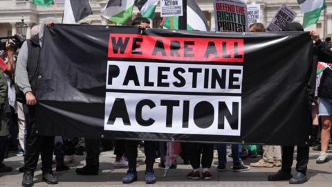 A group of people holding a Palestine Action banner