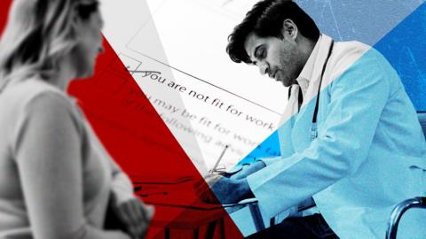 Composite image shows a male doctor signing a fit note for a patient. A woman sits opposite him. In the background there is an enhanced detail of a fit note, with the box checked next to the words "you are not fit for work"