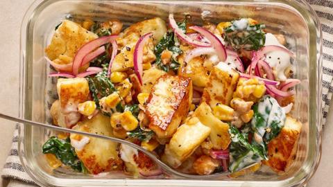 Sticky halloumi, chickpea and sweetcorn salad