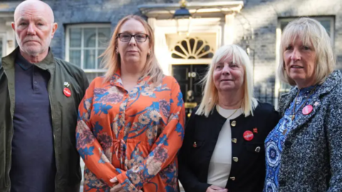 Hillsborough campaigners left to right: Steve Kelly, Charlotte Hennessy, Margaret Aspinall and Sue Roberts standing outside Number 10 Downing Street.