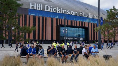 General view of Everton fans outside the Hill Dickinson Stadium before a match.