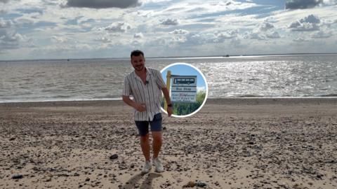A presenter stands on the pebbled shore at Spurn Point, with the Humber Estuary stretching into the distance behind, while an inset image highlights a bus stop sign to illustrate how visitors can reach the nature reserve using the Spurn Explorer service.