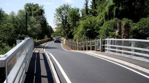 An image of a road on the bridge with tarmac flooring. There are white railings alongside either side of the road. There are also trees in the background and a car driving on the left side of the road.