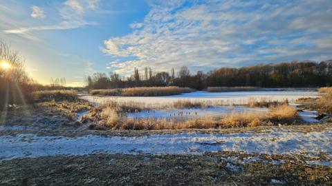 Picture of a partly-frozen field with blue and white sky and a sun peeping from behind a tree.
