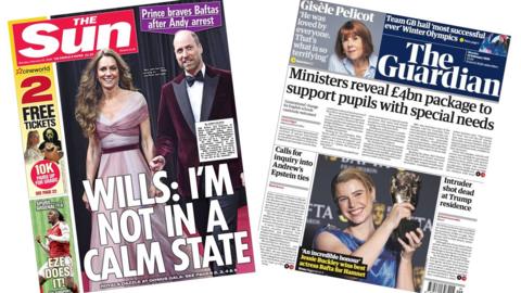 A composite image of the front pages of the Sun and the Guardian on 23 February 2026