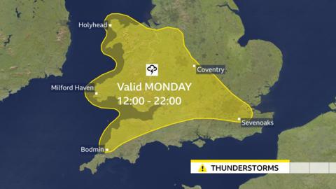 Image shows a map of the UK with a yellow weather warning across parts of southern England and Wales