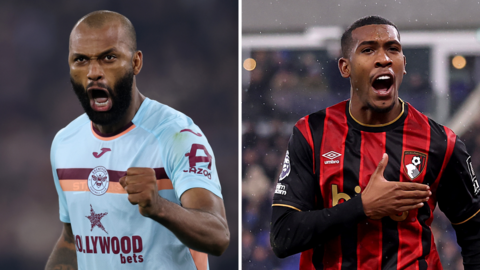 A split image of Brentford's Igor Thiago and Bournemouth's Rayan celebrating goals