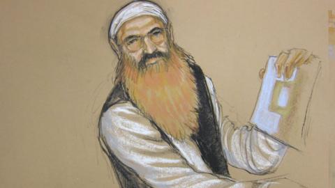 A courtroom sketch of Khalid Sheikh Mohammed.