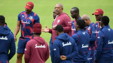 West Indies squad in a huddle during training