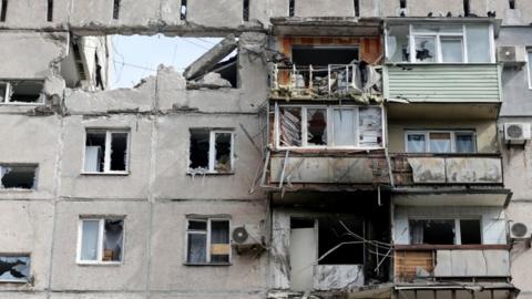 A view shows an apartment building destroyed in the course of the Ukraine-Russia conflict