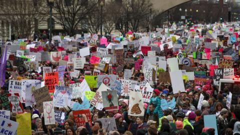 Protesters flood Independence Avenue during the Women"s March on Washington January 21, 2017 in Washington, DC.