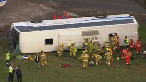 An aerial image of the bus crash