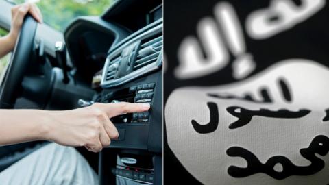 A man turns on his car radio and a generic picture of IS flag collaged