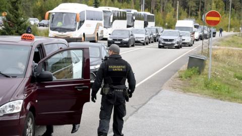 Finnish border guards check a Russian vehicle at the Vaalimaa border check point in Virolahti earlier this week