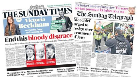 Front page of the Sunday times and the Sunday Telegraph