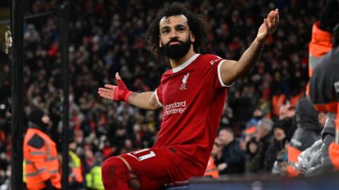 Mohamed Salah celebrates scoring against Newcastle
