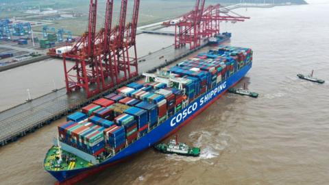 Container ships moored at Ningo-Zhoushan port, China