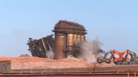 Four large stoves being demolished at the former Redcar steelworks