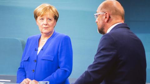 Live broadcast of debate between German Chancellor Angela Merkel and main opponent Martin Schulz on September 3, 2017 in Berlin