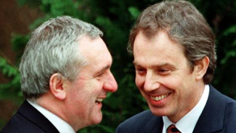 Bertie Ahern and Tony Blair announcing a deal had been reached on 10 April 1998
