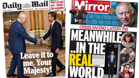 The headline in the Daily Mail says "Leave it me, You Majesty" as Rishi Sunak meets King Charles III. And the Mirror focuses on the cost of living crisis with pictures of members of the public.